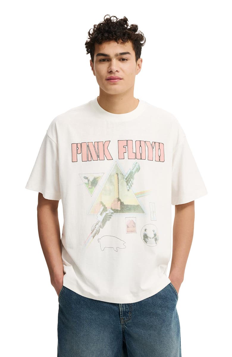 Cotton On Men's Box Fit Premium Music T-Shirt, Alternate, color, Vintage White  Pink Floyd -