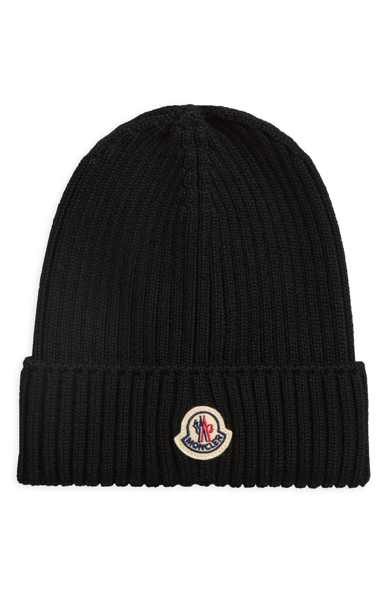 Moncler Kids' Logo Patch Virgin Wool Beanie, Main, color, Black