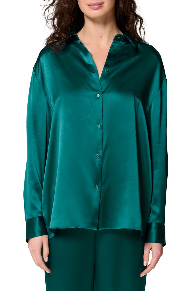 Love Me Silk Blend Button-Up Shirt, Main, color, EMERALD