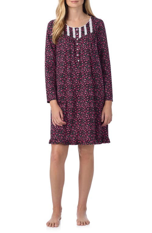 Eileen West Long Sleeve Cotton Jersey Short Nightgown in Black Floral 