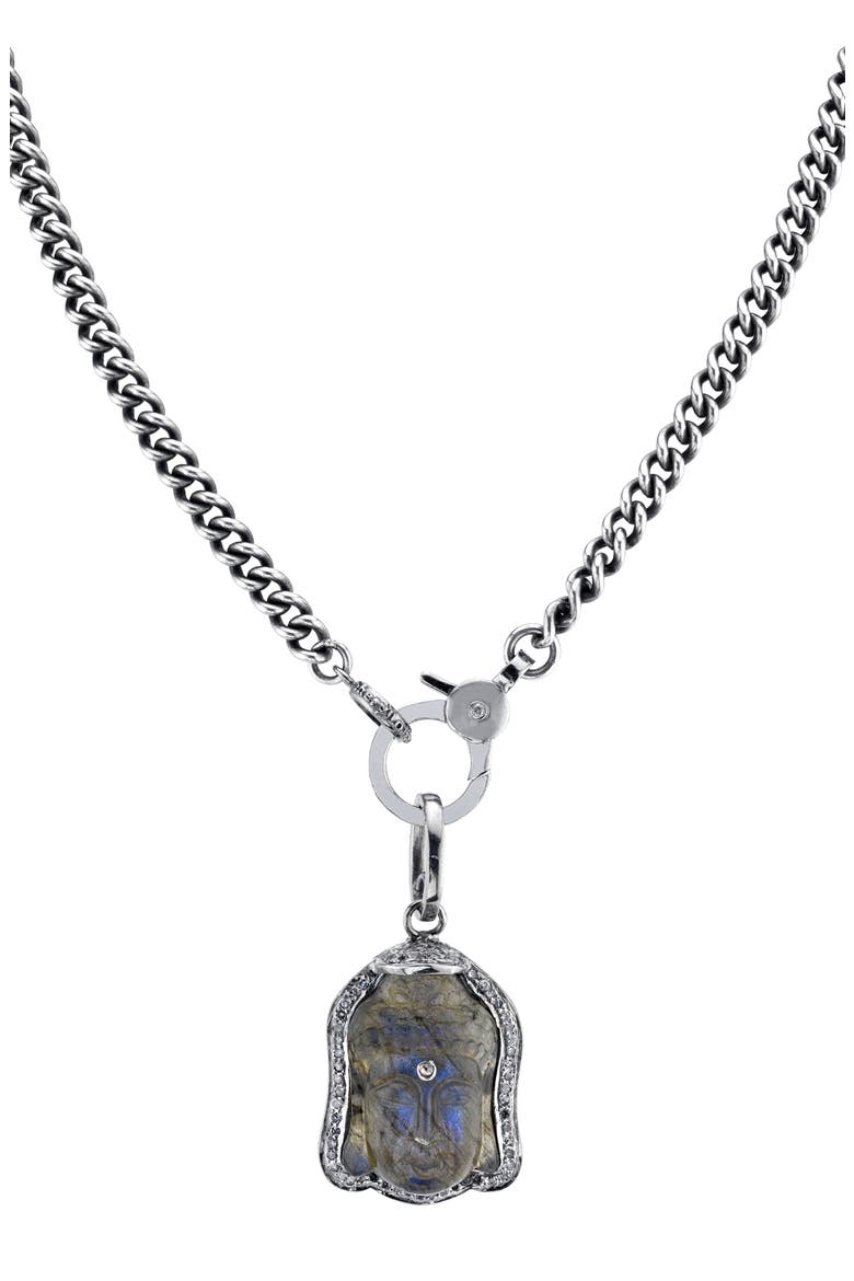 Labradorite Buddah Pendant Necklace, Main, color, STERLING SILVER/ LABRADORITE