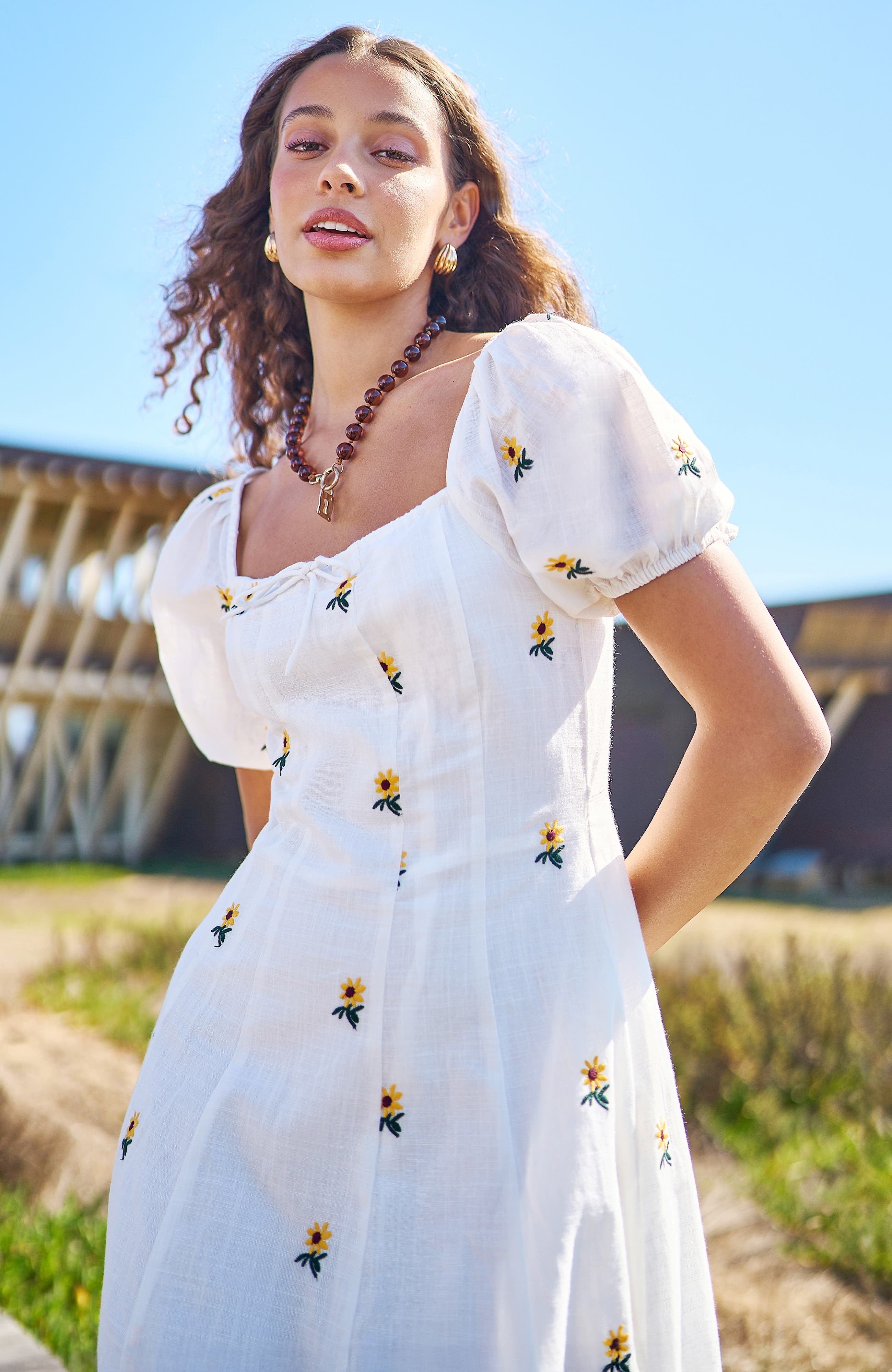 cotton sunflower dress Organic Cotton Midi Dress: Hand-Painted Sunflowers, Birds, Bell Sleeves