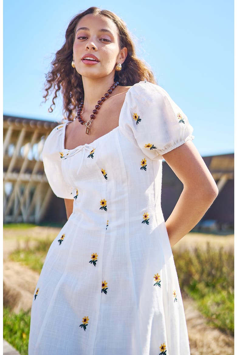 Cotton Sunflower Embroidered Midi Dress, Alternate, color, White