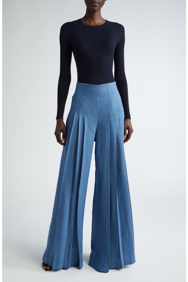 Miyuki Wide Leg Pleated Linen Gabardine Pants, Alternate, color, MEDIUM DENIM