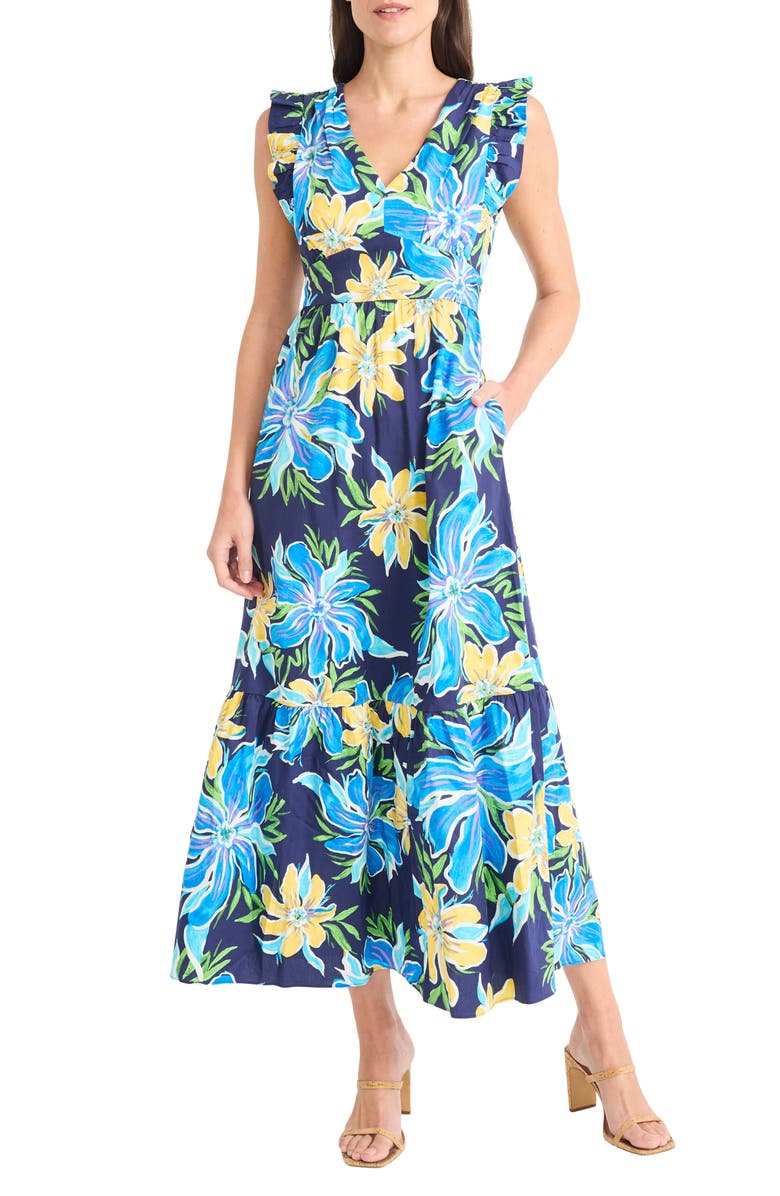 Maggy London Floral Ruffle Midi Dress, Main, color, Navy/ Blue