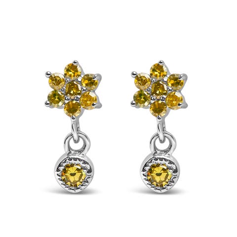 Silver 1/10 Ct Yellow Diamond Star Stud with Bezel Drop Dangle Earrings