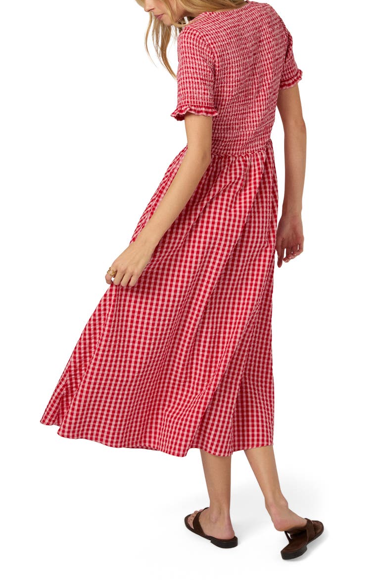 Eliza Gingham Smocked Bodice Organic Cotton Seersucker Midi Dress, Alternate, color, RED GINGHAM