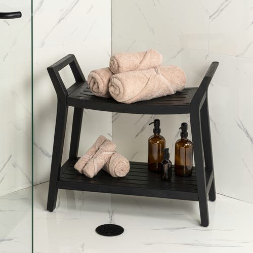 Jonathan Y Orla 25.6" Modern Classic Slatted Solid Acacia Wood Indoor/outdoor Shower Bench With Shel In Black