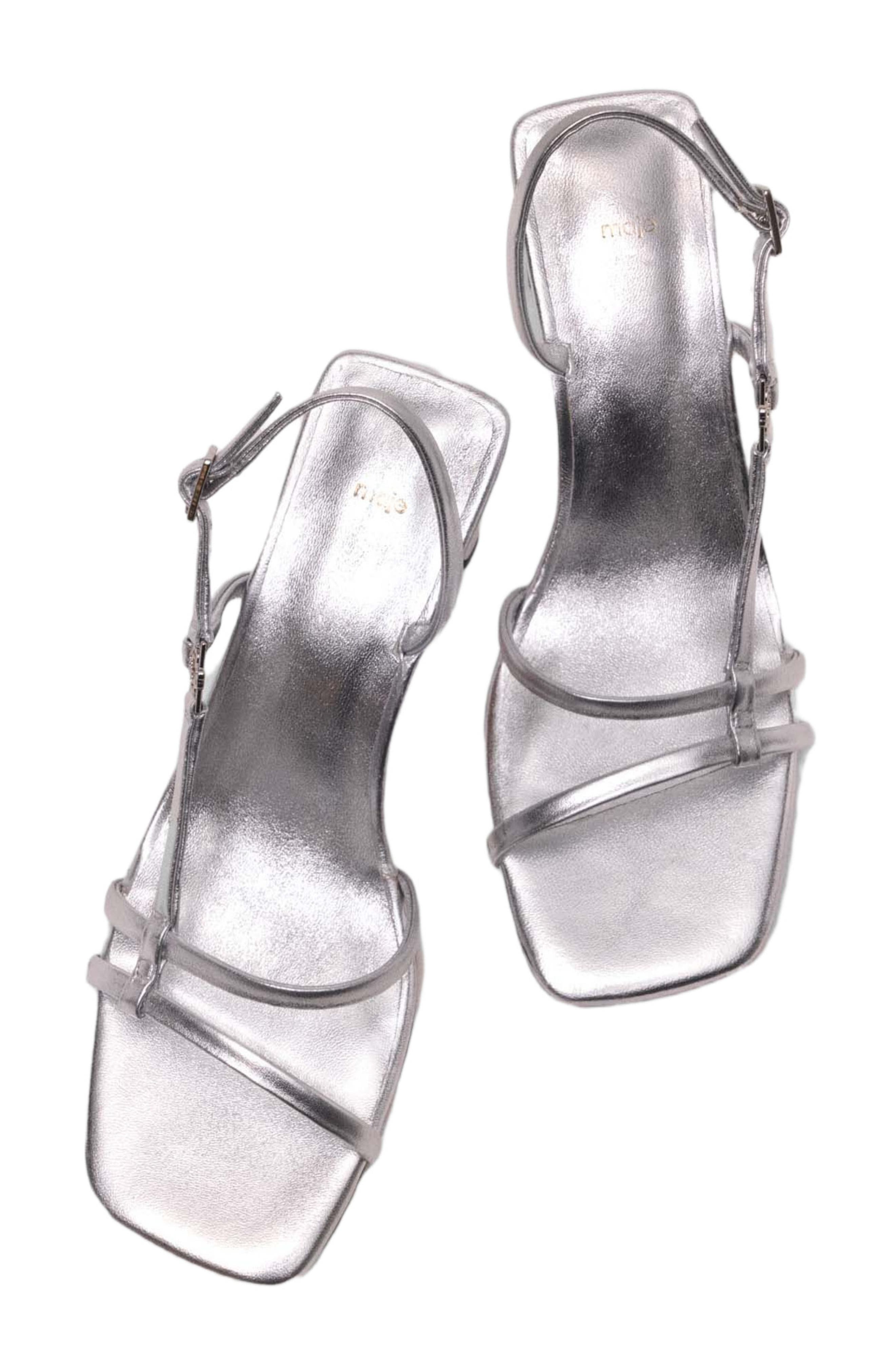 maje Metallic strappy heeled sandals, Alternate, color, Silver