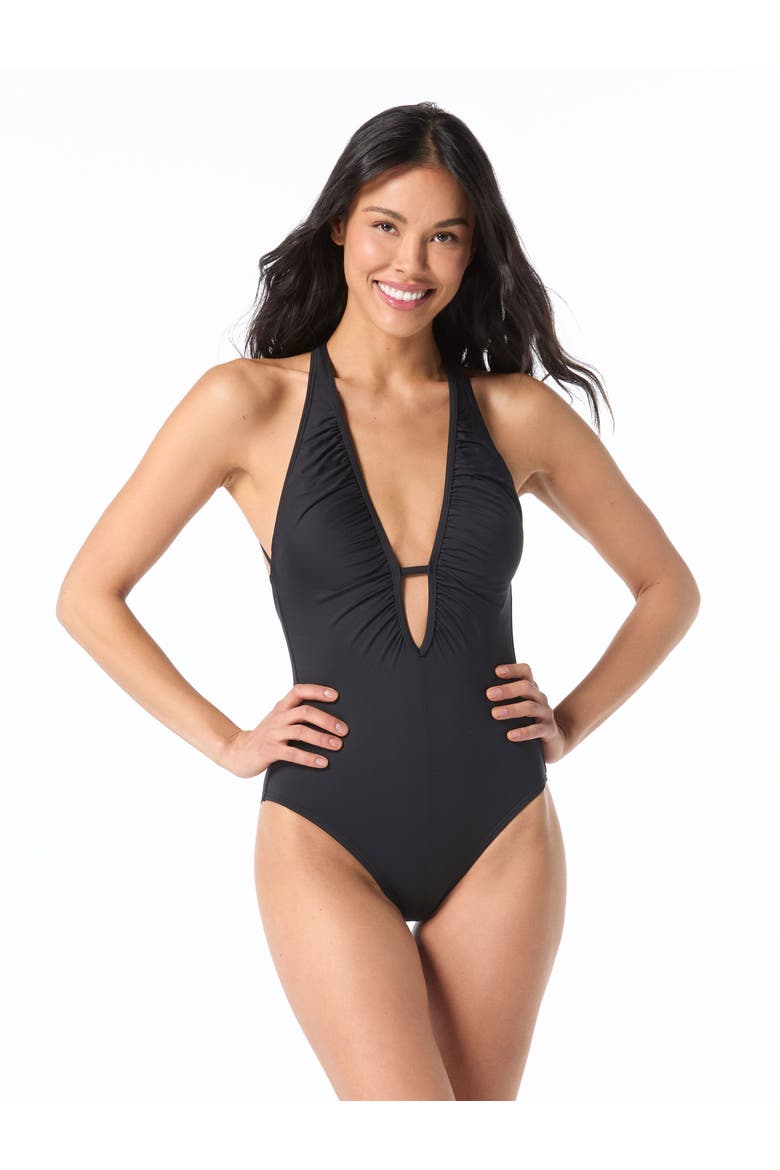 Shirred Plunge Neck One-Piece Swimsuit, Main, color, Black
