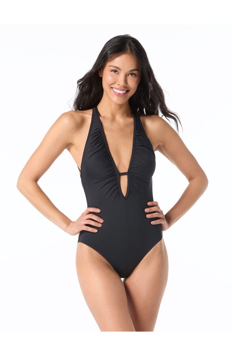 Vince Camuto Shirred Plunge Neck One-Piece Swimsuit, Main, color, Black