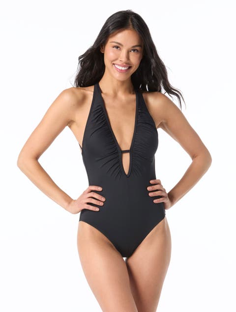 Shirred Plunge Neck One-Piece Swimsuit