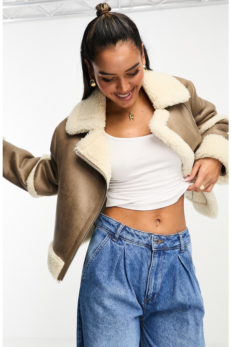 Faux Leather & Faux Shearling Aviator Jacket, Main, color, BROWN
