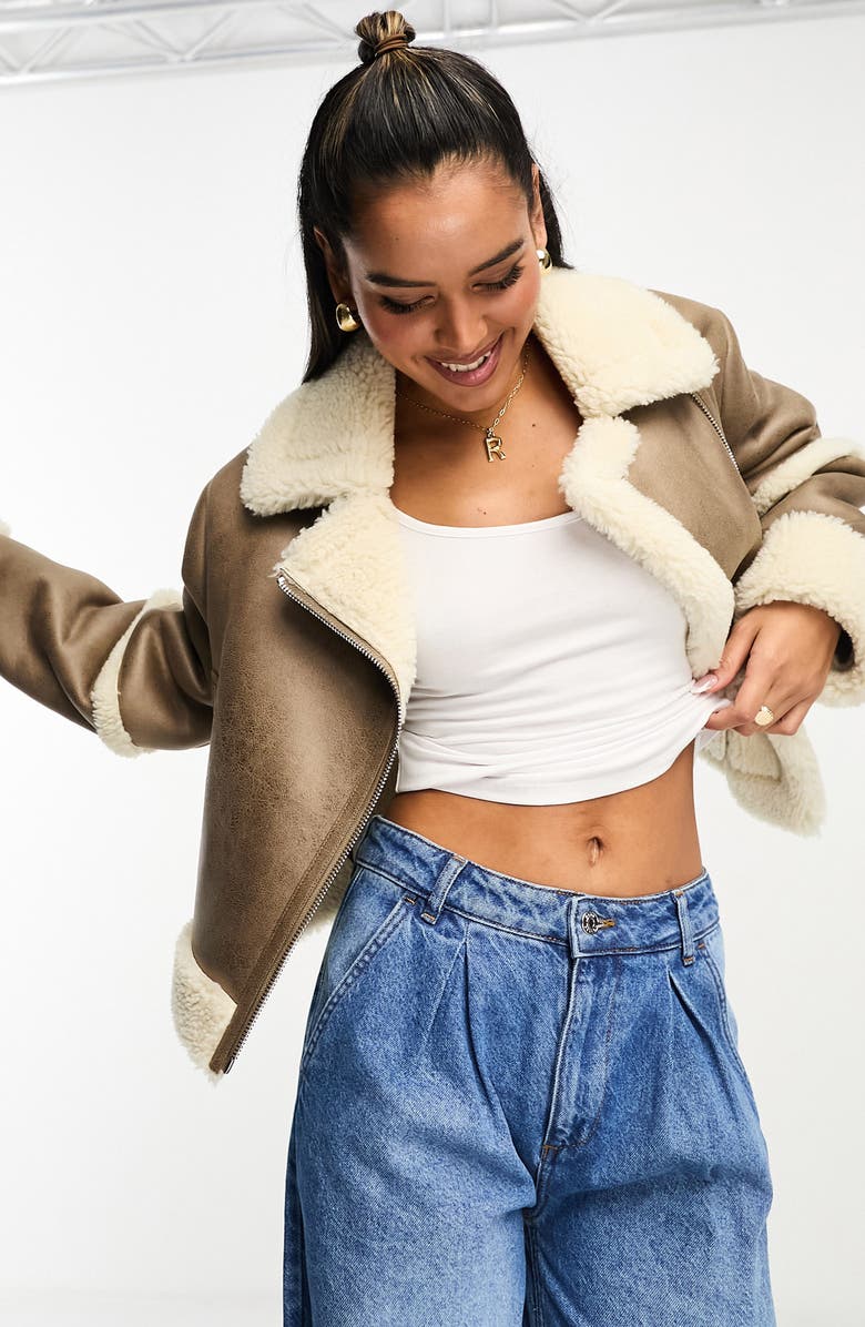 ASOS DESIGN Faux Leather & Faux Shearling Aviator Jacket, Main, color, Brown