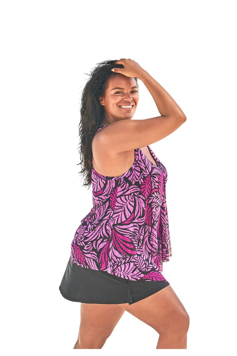 Longer Length Draped Mesh Racerback Tankini Top, Alternate, color, BLUE WATERCOLOR STRIPE