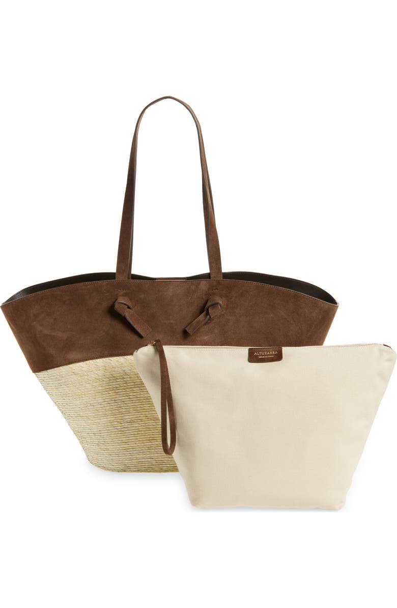 Altuzarra Large Knot Straw & Leather Tote, Alternate, color, Chocolate