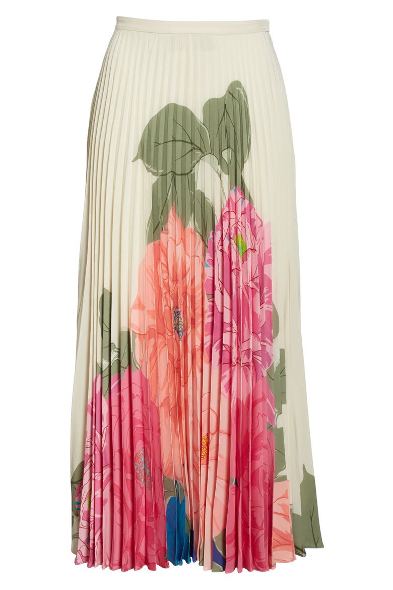 Marco Camellia Pleated Silk Crêpe de Chine Maxi Skirt, Alternate, color, AVORIO/ FUXIA