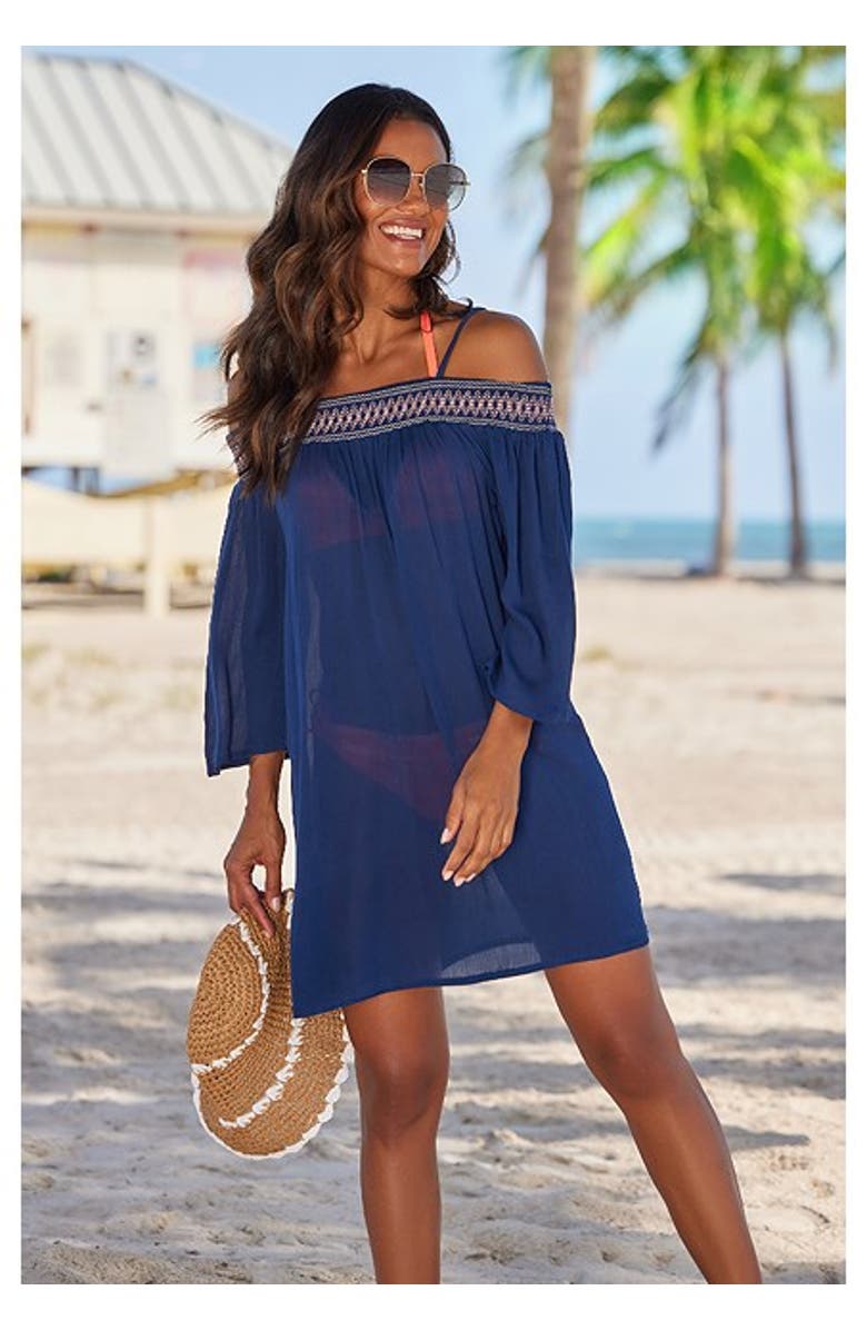 LASCANA Women's Embroidered Cold Shoulder Dress, Alternate, color, Navy