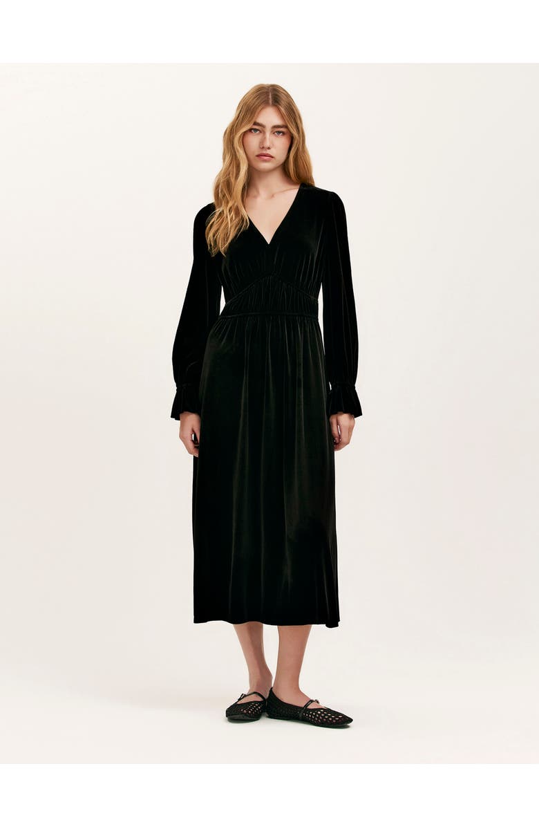 Finery London Laila Velvet V Neck Midi Waisted Dress, Main, color, Black