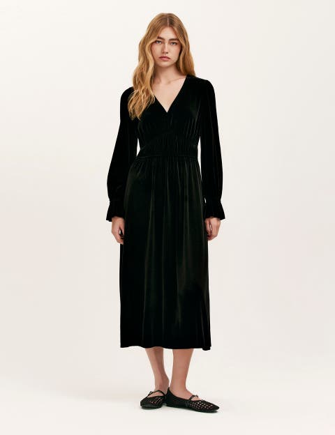 Laila Velvet V Neck Midi Waisted Dress