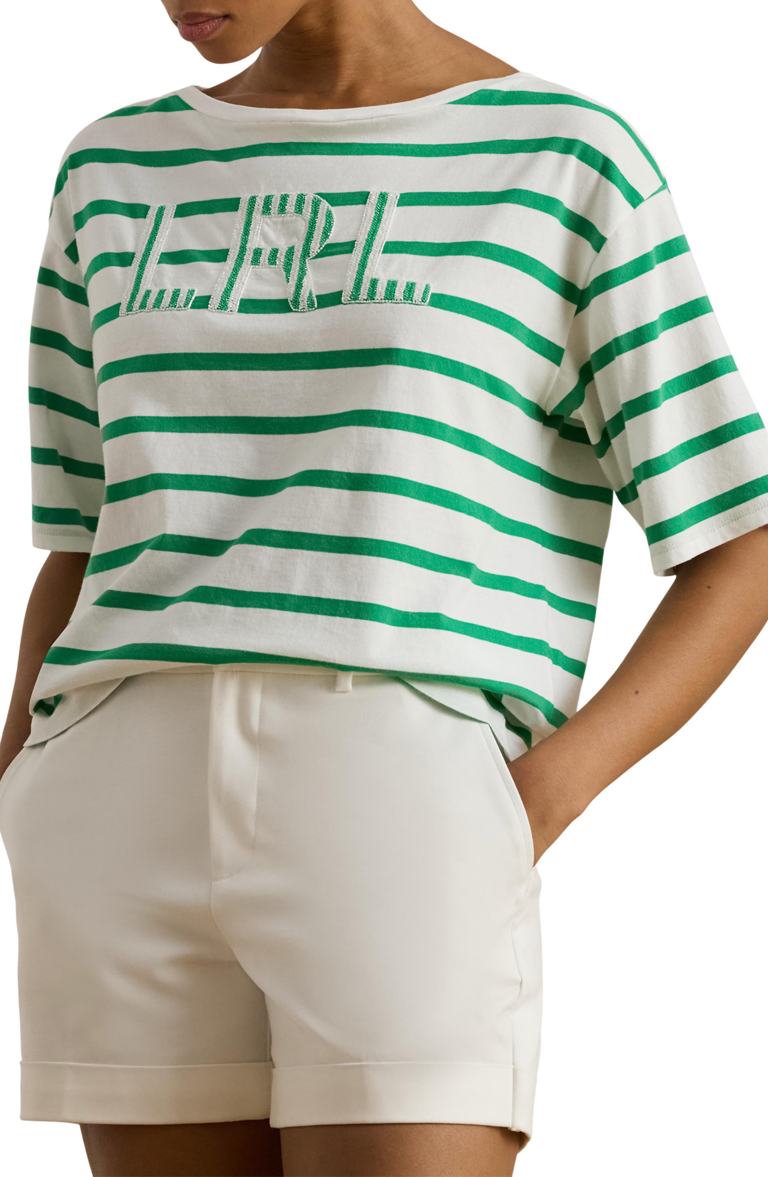 Lauren Ralph Lauren Beaded Logo Stripe Short Sleeve T-Shirt