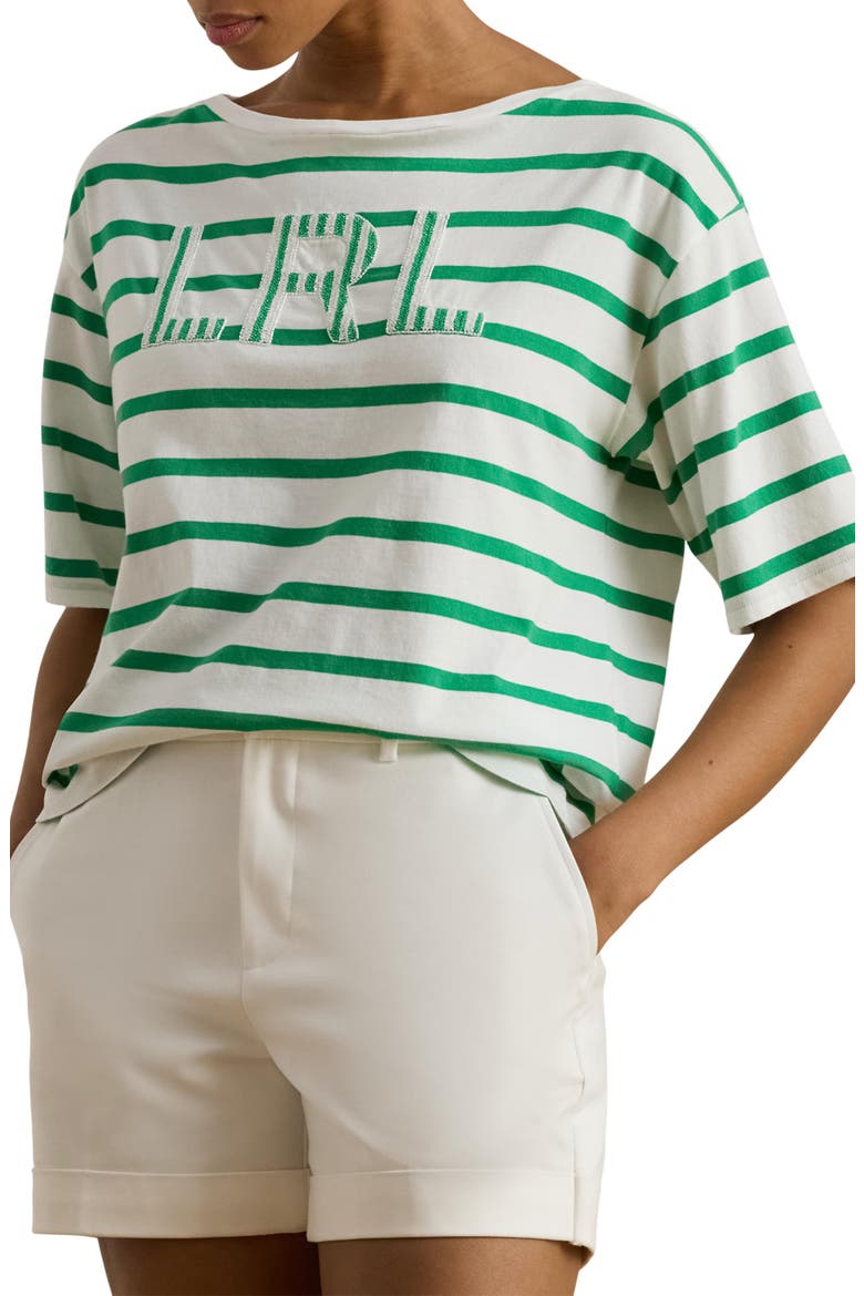Beaded Logo Stripe Short Sleeve T-Shirt, Main, color, WHITE/ STEM