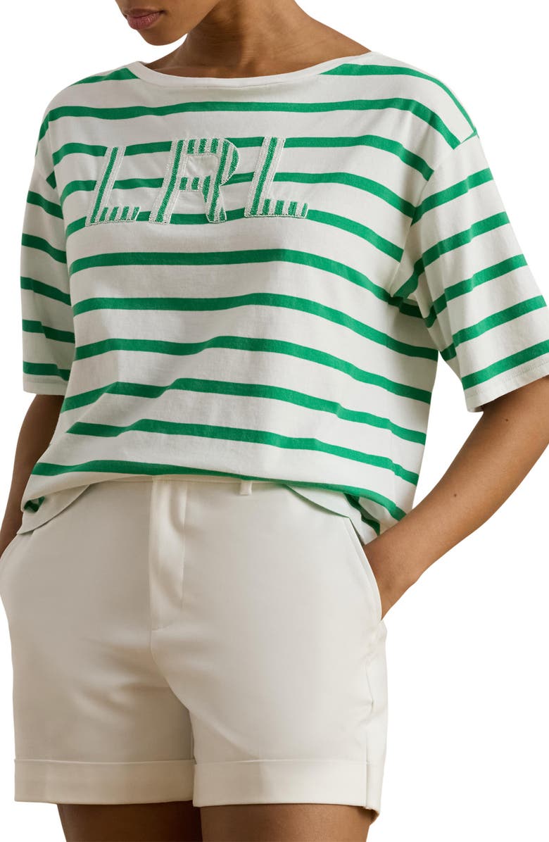 Lauren Ralph Lauren Beaded Logo Stripe Short Sleeve T-Shirt, Main, color, White/ Stem
