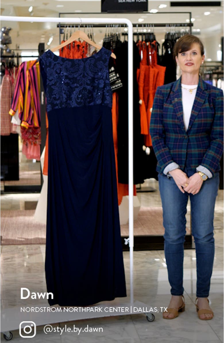 Sequin Floral Bodice Cowl Back Formal Gown, sales video thumbnail