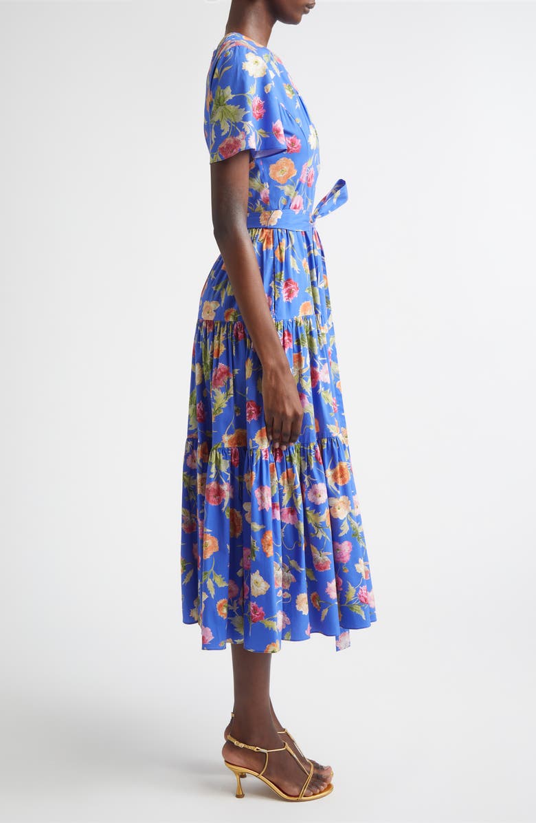 Carolina Herrera Poppy Print Tiered stretch Cotton Midi Dress, Alternate, color, Bluebell Multi