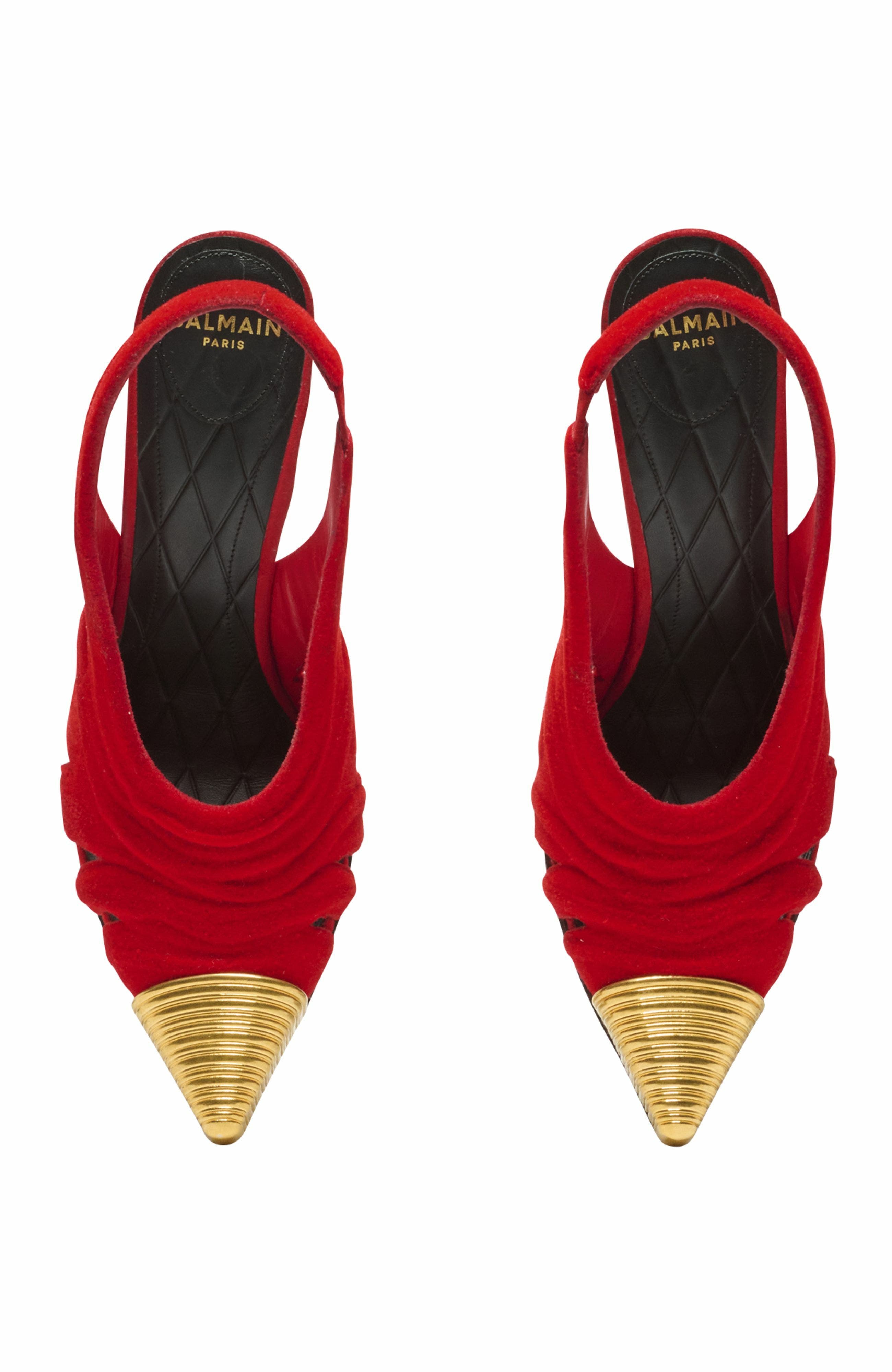 Balmain Lipstick Pumps In Suede Leather And Brass, Alternate, color, Red