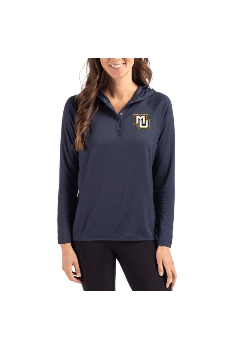 Women's Cutter & Buck Navy Marquette Golden Eagles Coastline Epic Comfort Recycled Hooded Raglan Quarter-Snap Shirt, Main, color, Navy