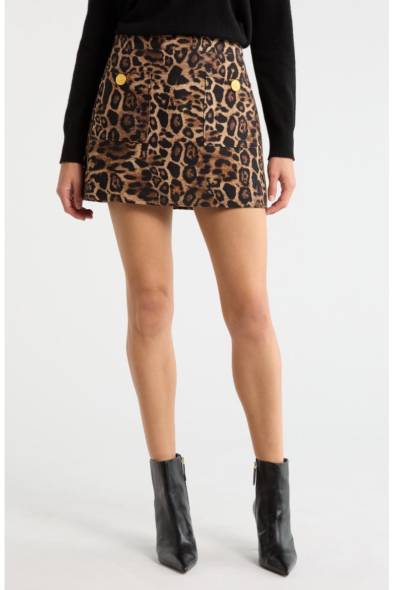 Cyra Leopard Print Cotton Miniskirt, Main, color, BROWN MULTI PATCH LEOPARD