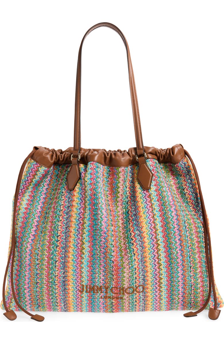 Jimmy Choo Large Woven Raffia Drawstring Tote, Main, color, Multi/ Tan/ Light Gold