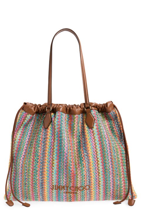 Large Woven Raffia Drawstring Tote