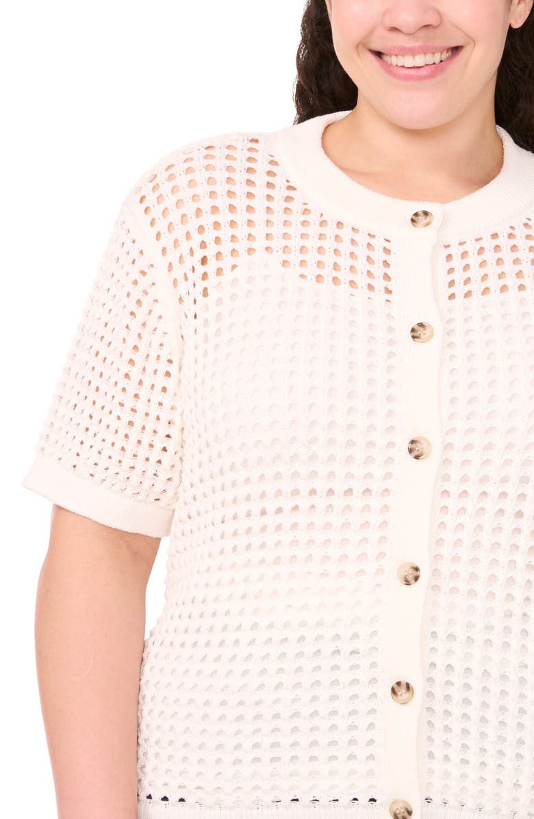 CeCe Open Stitch Short Sleeve Cardigan, Alternate, color, Antique White