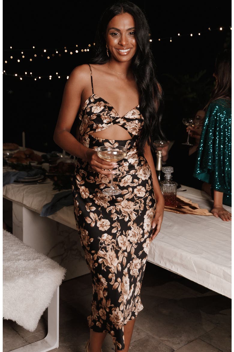 Saga Floral Cutout Midi Dress, Alternate, color, BLACK FLORAL