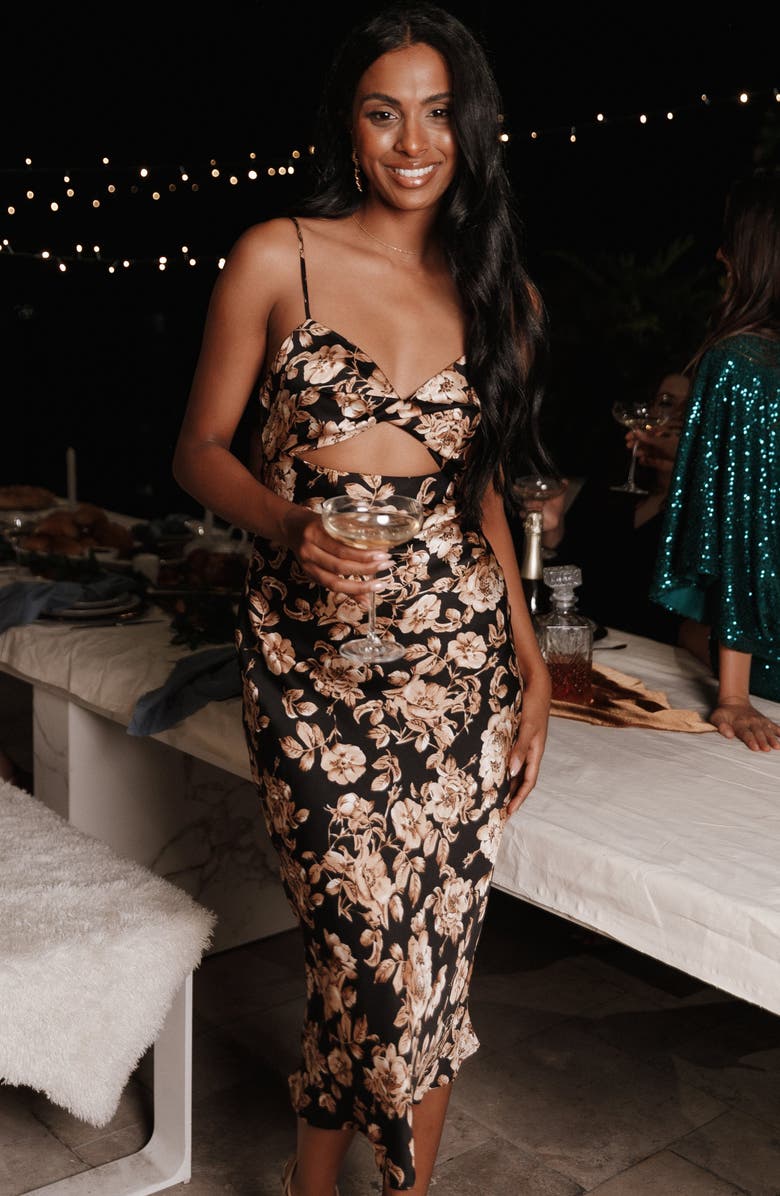 Petal & Pup Saga Floral Cutout Midi Dress, Alternate, color, Black Floral