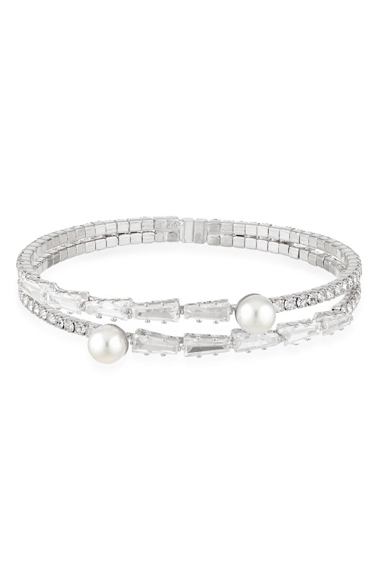 Tasha Crystal & Faux Pearl Bangle Bracelet, Main, color, Silver Crystal Ivory