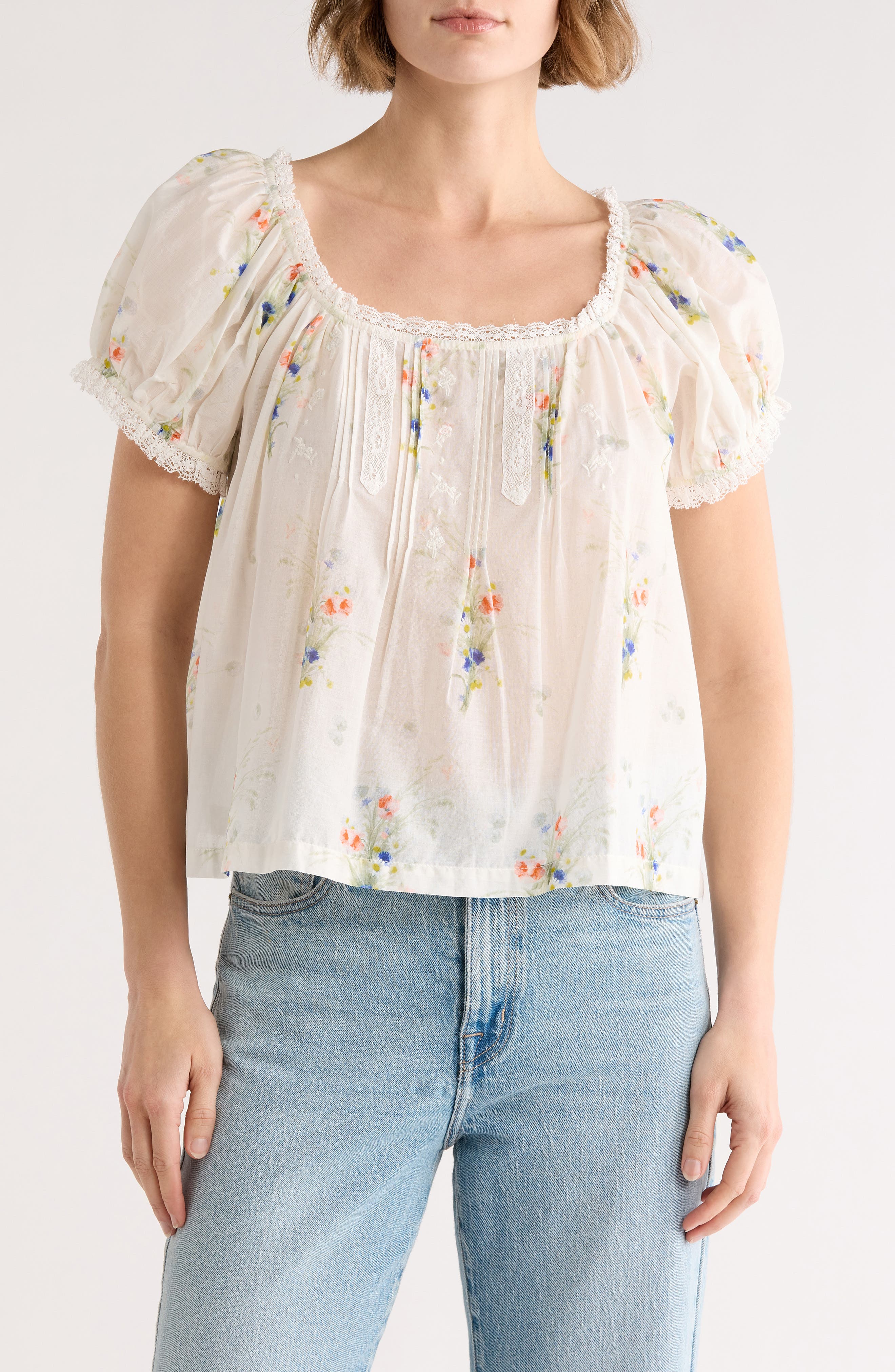 ELIE ELIE TAHARI Floral Puff Sleeve Cotton Top