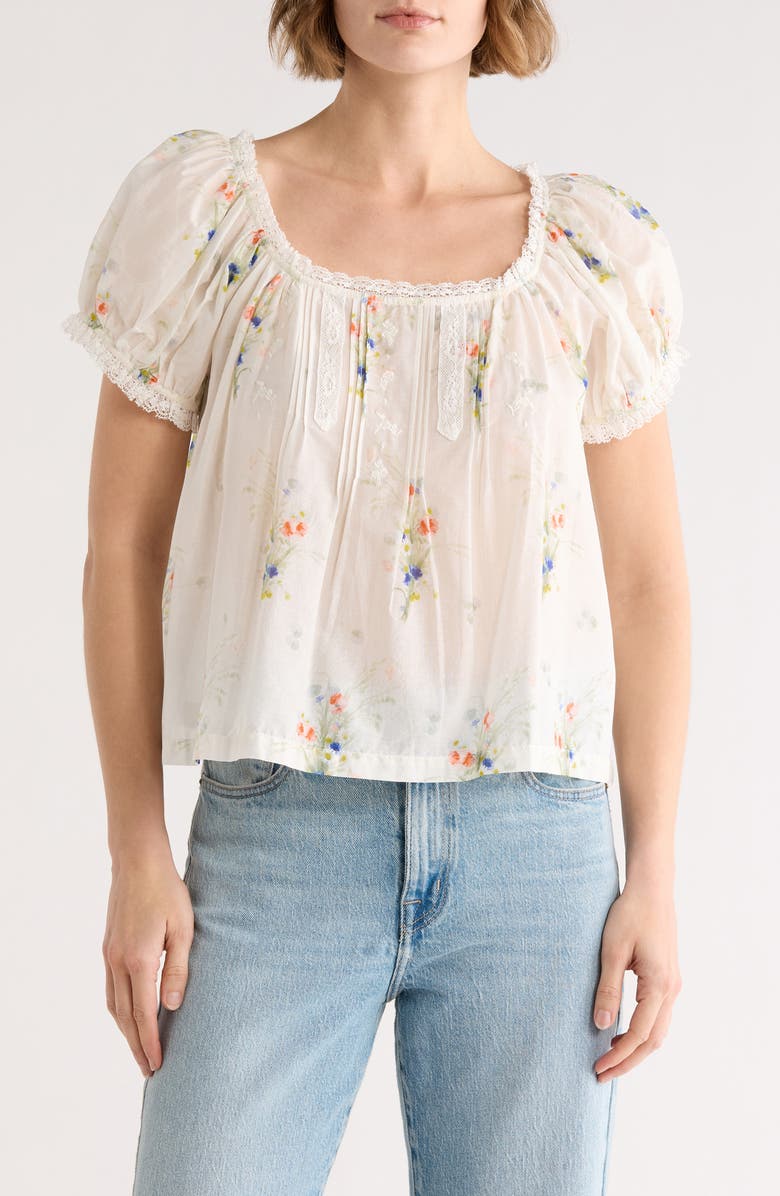 ELIE ELIE TAHARI Floral Puff Sleeve Cotton Top, Main, color, White W/ Floral Print