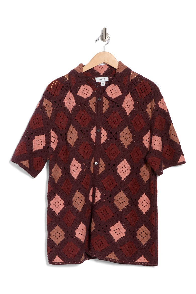 Crochet Diamond Short Sleeve Button-Up Shirt, Alternate, color, MAROON DIAMOND COMBO