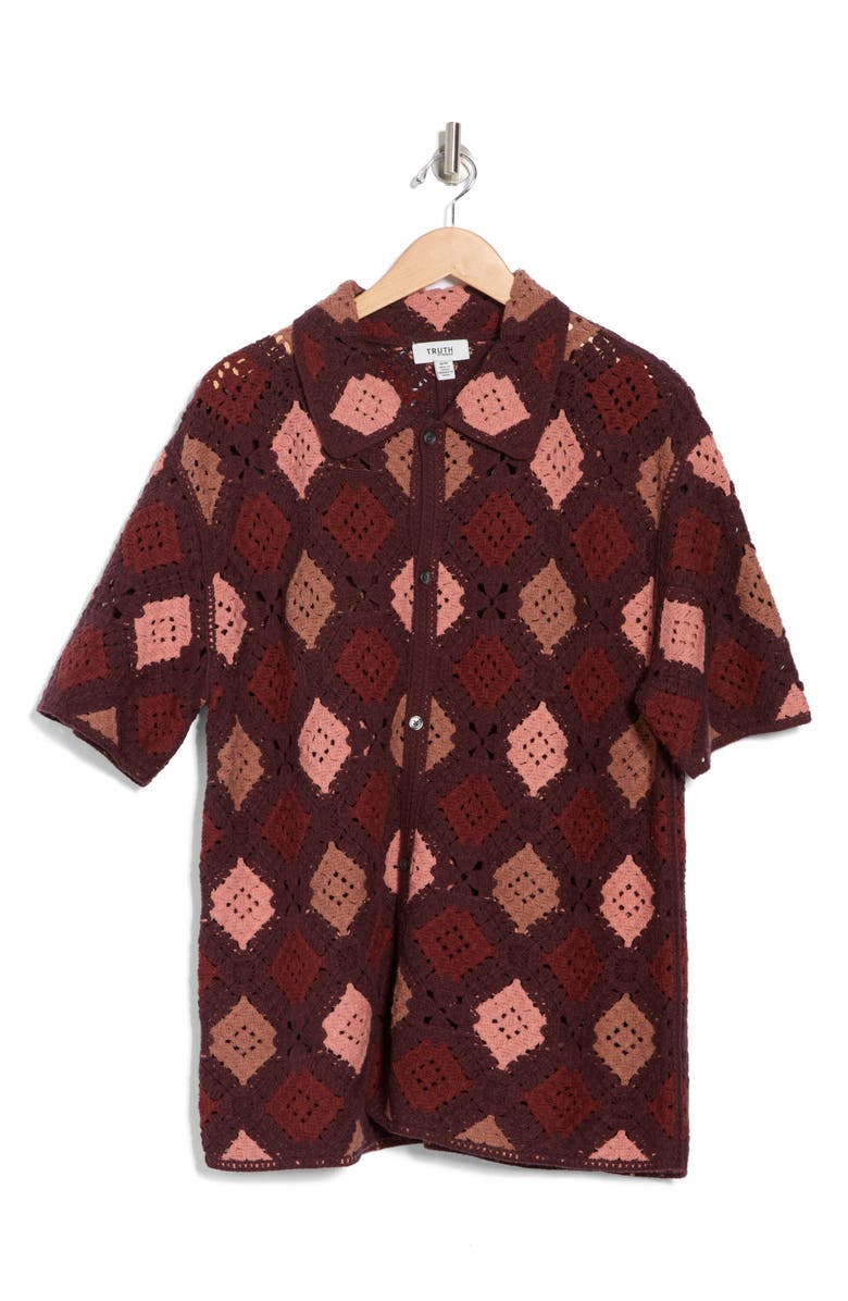 TRUTH Crochet Diamond Short Sleeve Button-Up Shirt, Alternate, color, Maroon Diamond Combo