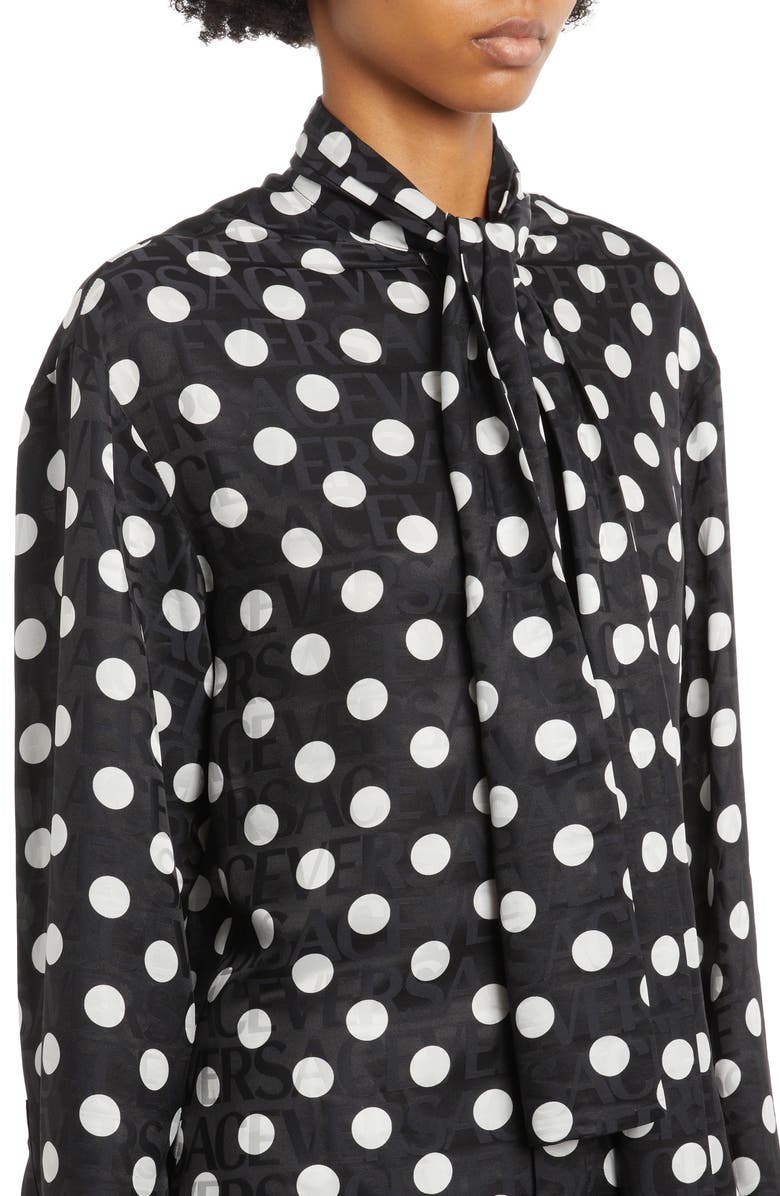 Versace Polka Dot Logo Jacquard Tie Neck Blouse, Alternate, color, 