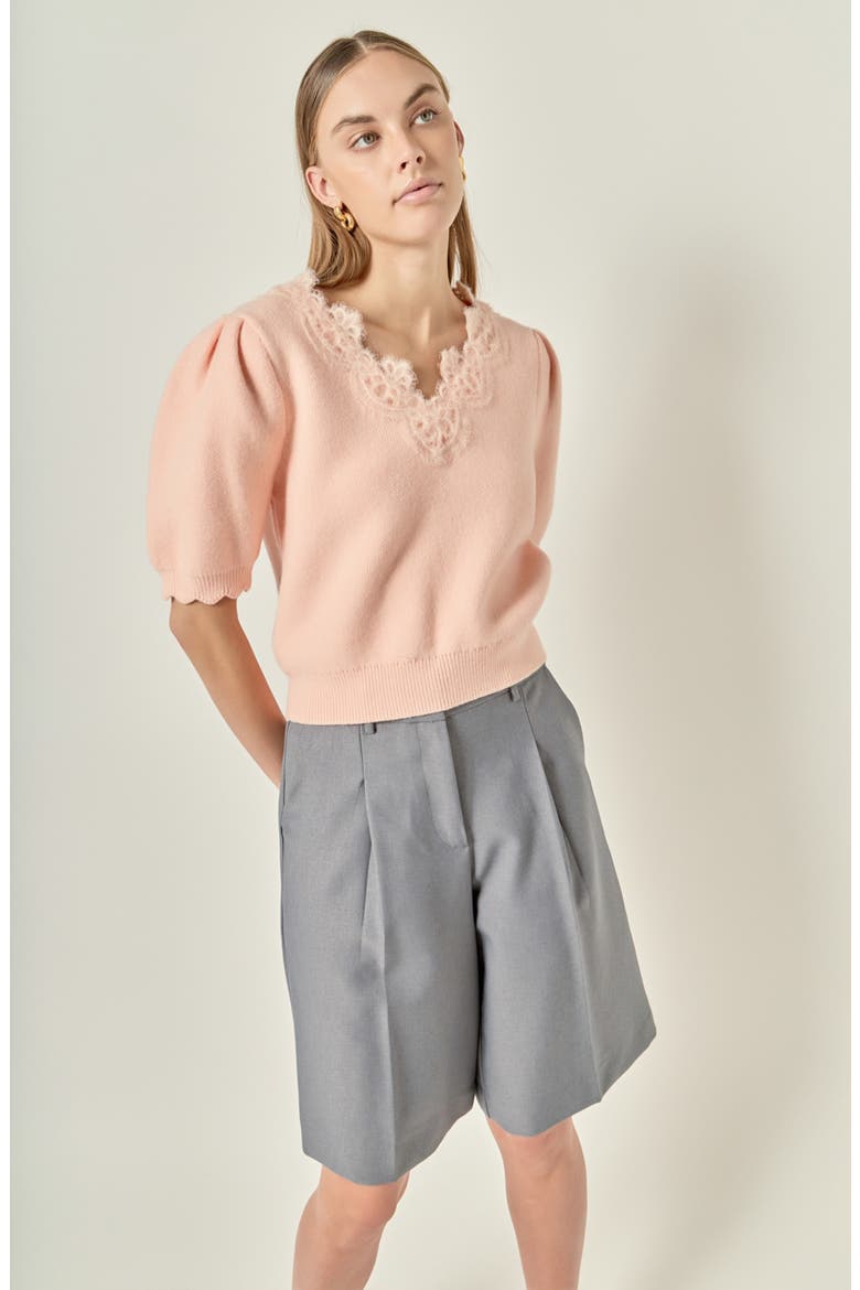 Lace Trim Short Sleeve Sweater, Alternate, color, PALE PINK