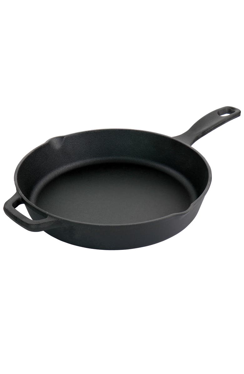 OSTER Castaway 12 Inch Cast Iron Round Frying Pan with Dual Spouts, Main, color, Black
