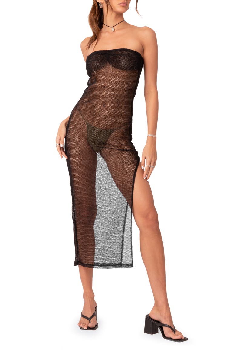 Beachside Sheer Knit Cover-Up Dress, Main, color, BLACK