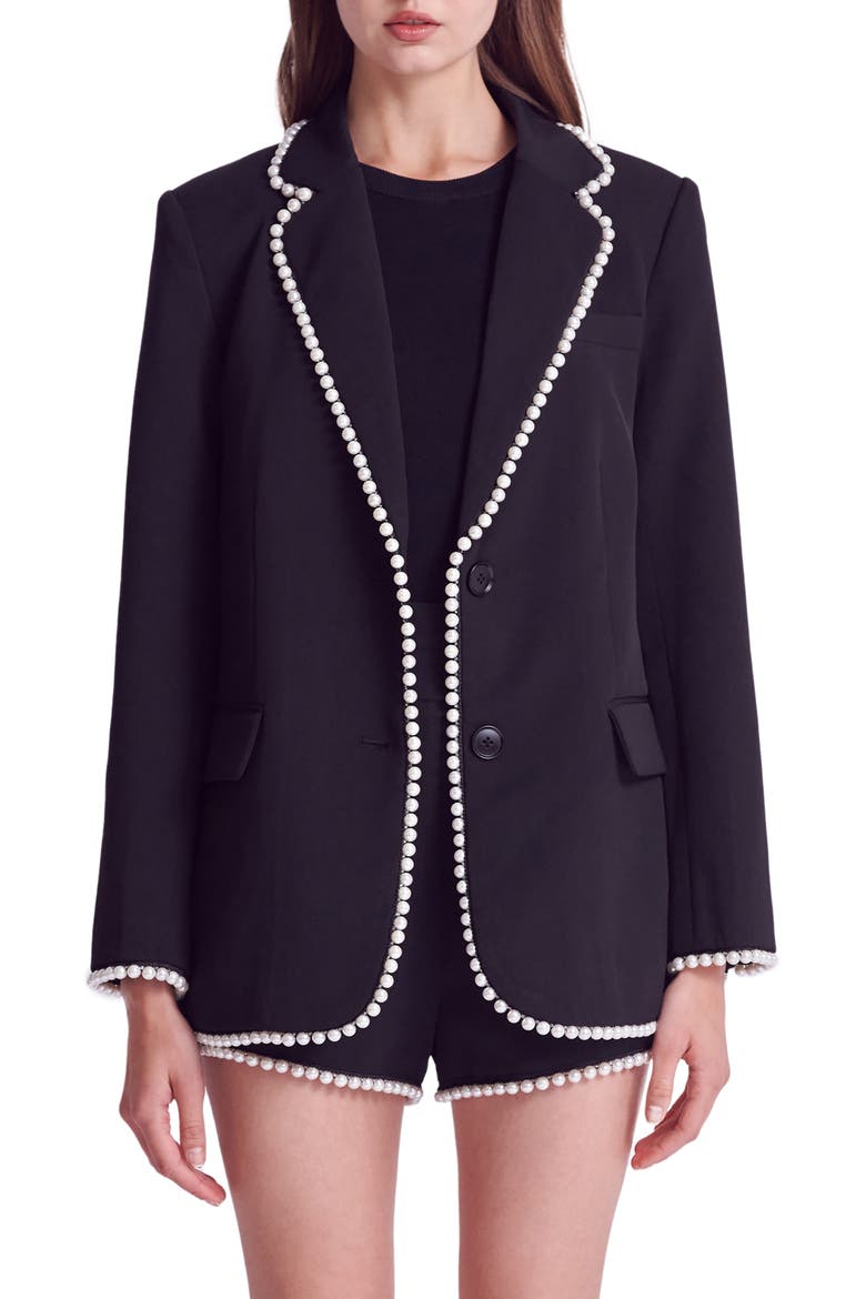 Premium Imitation Pearl Trim Blazer, Main, color, BLACK