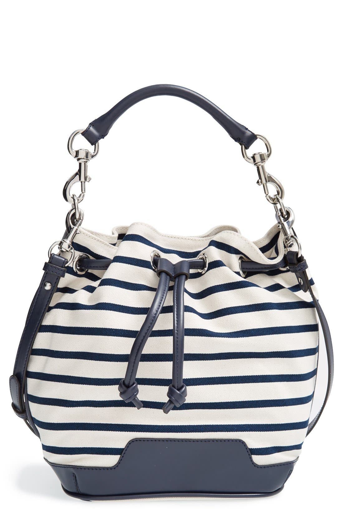 'Fiona' Bucket Bag, Main, color, NAVY STRIPE/ SILVER