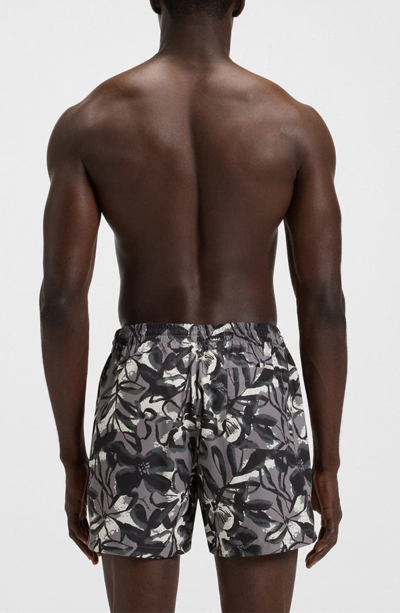 BOSS Pirhana Abstract Floral Swim Trunks, Alternate, color, Open Grey