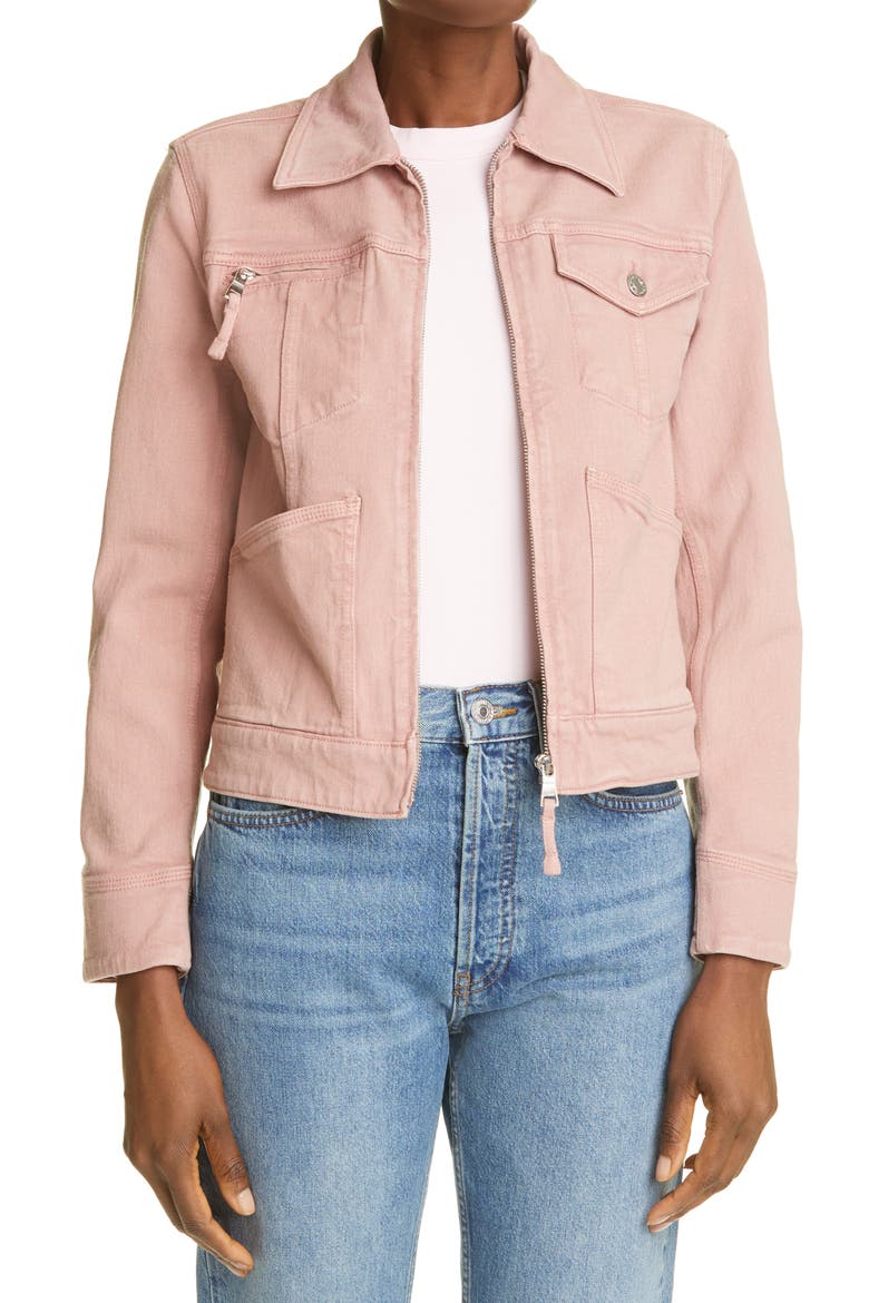 Zip Front Stretch Cotton Trucker Jacket, Main, color, ROSE RED